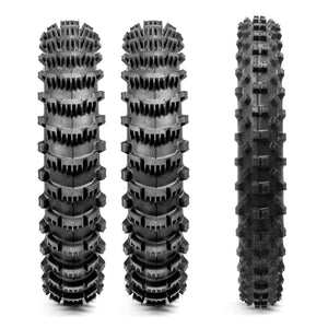 Three off-road dirt bike tires with tread patterns on a white background