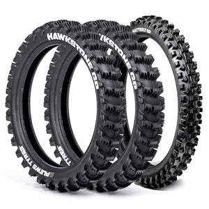 Three off-road dirt bike tires with visible Plews Tyres branding on a white background