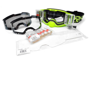 Combo kit featuring the J.A.C. V3 MX Goggle , Roll-Off Goggle Kit, mirrored tint tear-off lens, clear tear-off lens, 6pk roll-off film, and 20pk of tear-offs by Risk Racing