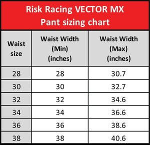 Vector MX Motocross Pant Sizing Chart